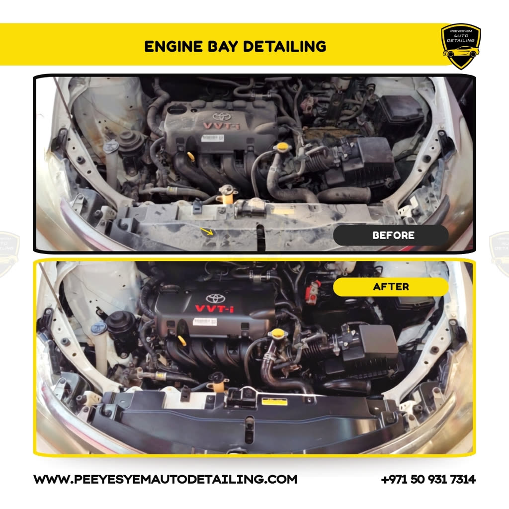 Before and after engine bay detailing on a Peeyesyem customer car