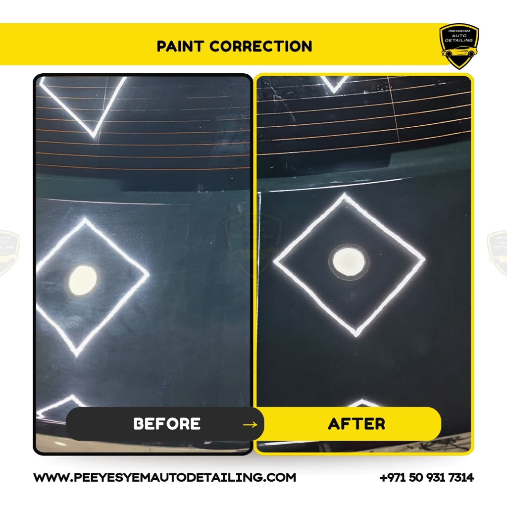 Before and after paint correction on a Peeyesyem customer car, showing swirls removed and gloss restored