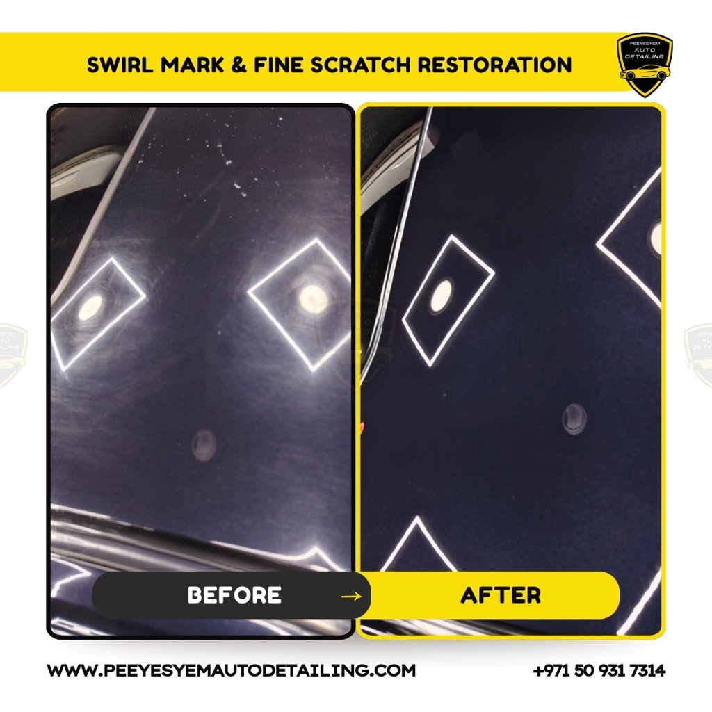 Before and after swirl-mark and fine-scratch restoration on a painted panel at Peeyesyem