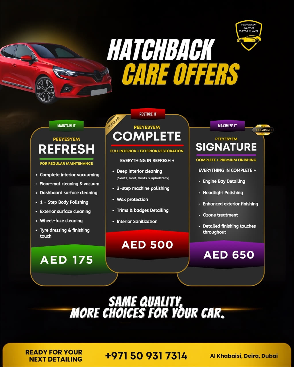 Peeyesyem hatchback care offers: Refresh, Complete and Signature packages with prices