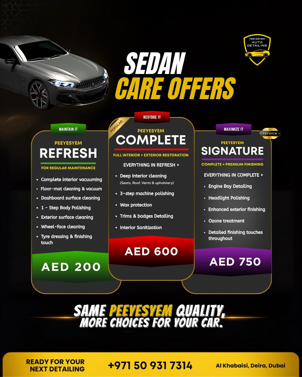 Peeyesyem sedan care offers: Refresh, Complete and Signature packages with prices