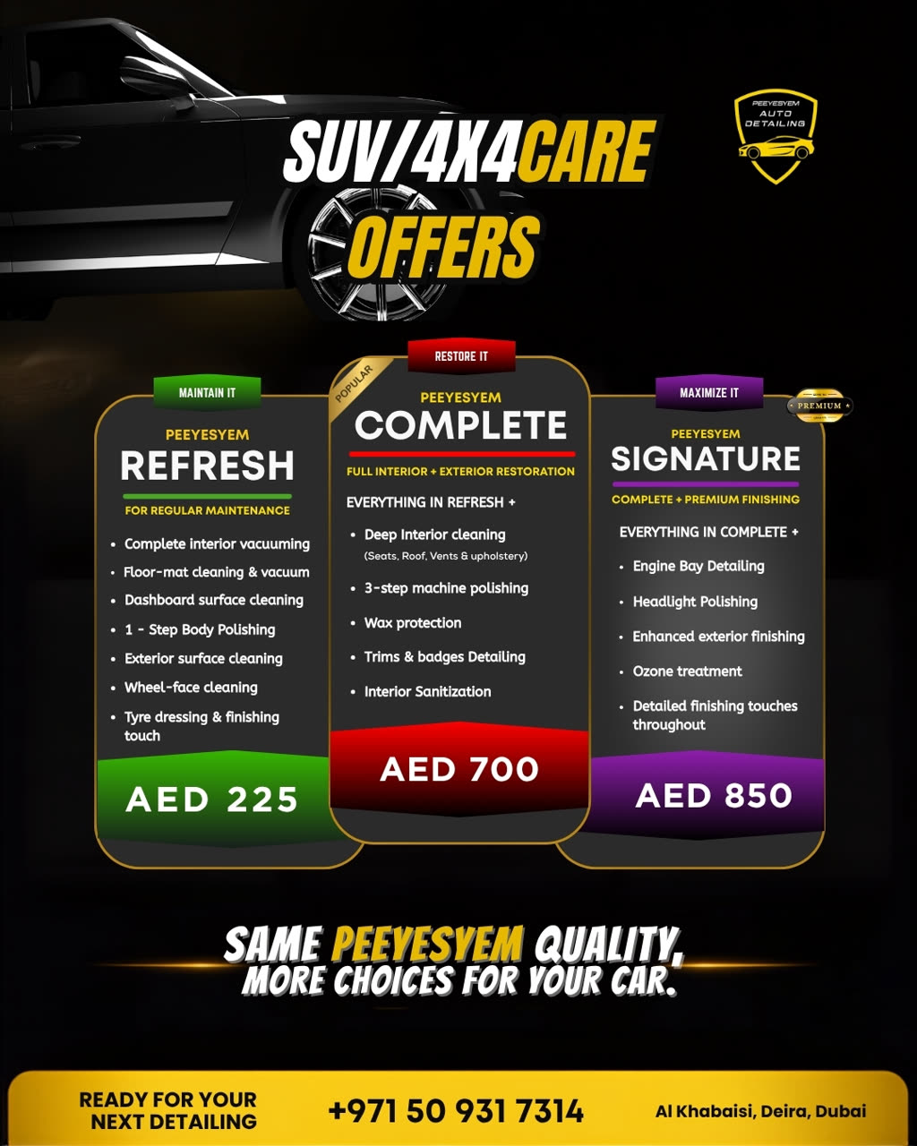 Peeyesyem SUV and 4x4 care offers: Refresh, Complete and Signature packages with prices